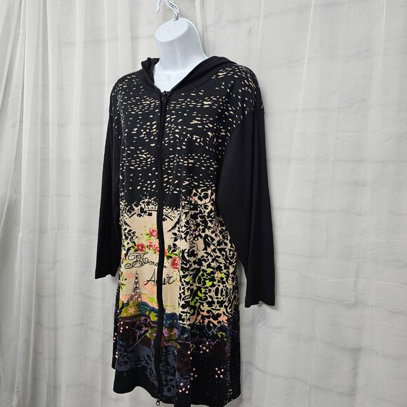 Lanz Black Jacket Hooded Paris Eiffel Artsy Tower Boho Zip Jersey 2XL - Picture 4 of 10